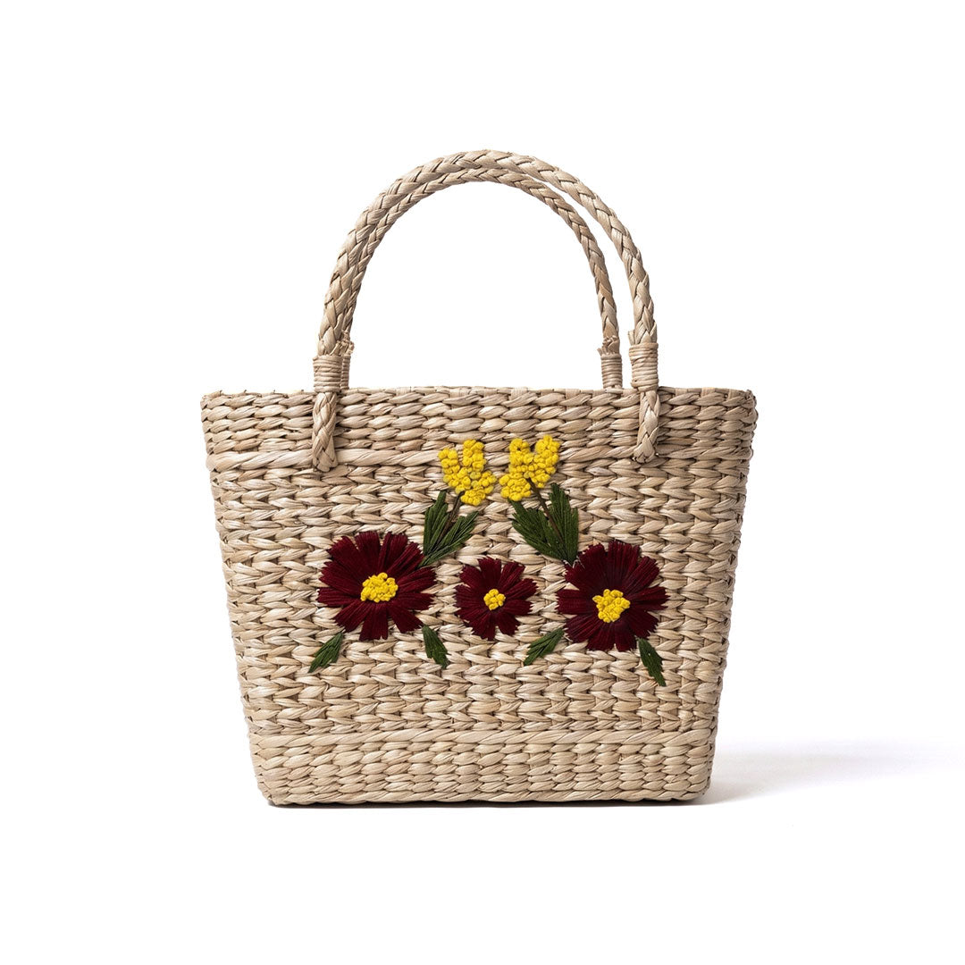 Maroon Bloom Embroidered Kauna Grass Basket Bag - Manipur Art