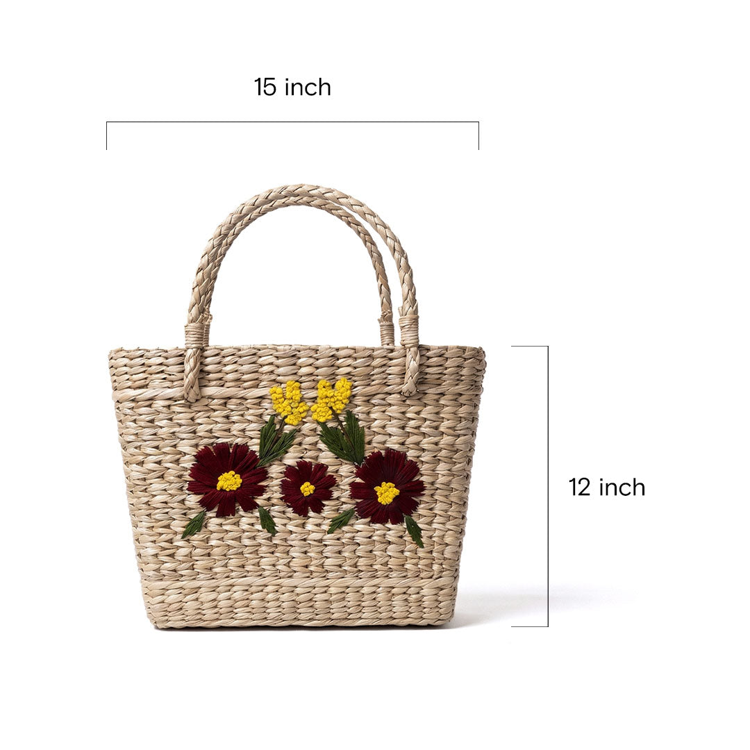 Maroon Bloom Embroidered Kauna Grass Basket Bag - Manipur Art