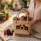 Maroon Bloom Embroidered Kauna Grass Basket Bag - Manipur Art