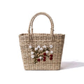 White & Crimson Floral Embroidered Kauna Grass Basket Bag