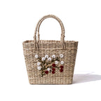 White & Crimson Floral Embroidered Kauna Grass Basket Bag