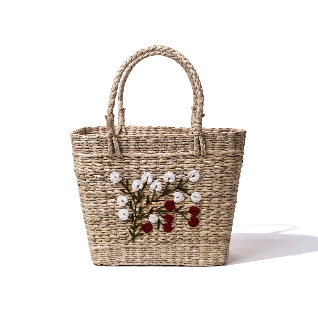 White & Crimson Floral Embroidered Kauna Grass Basket Bag