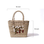 White & Crimson Floral Embroidered Kauna Grass Basket Bag