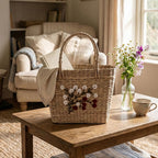 White & Crimson Floral Embroidered Kauna Grass Basket Bag