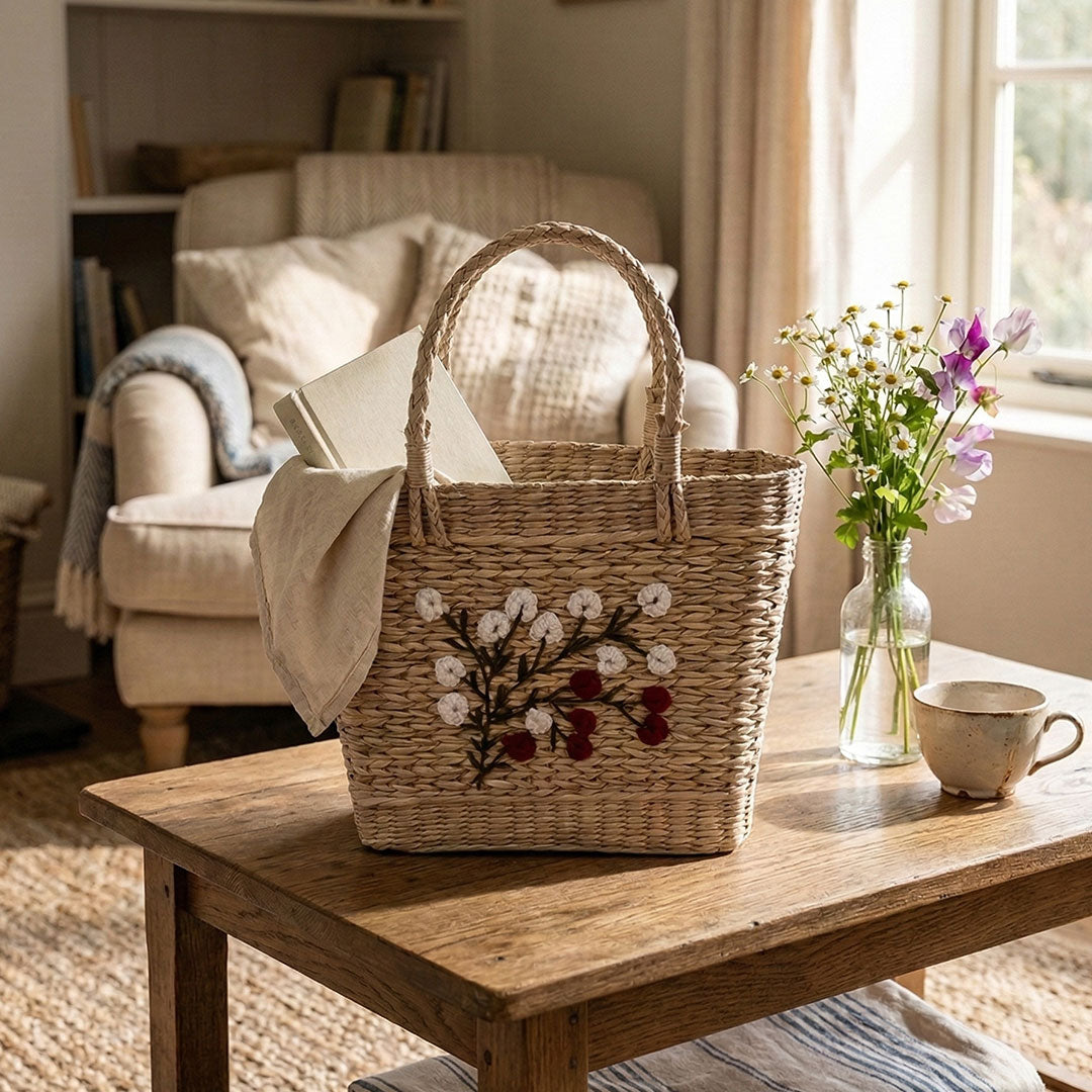 White & Crimson Floral Embroidered Kauna Grass Basket Bag