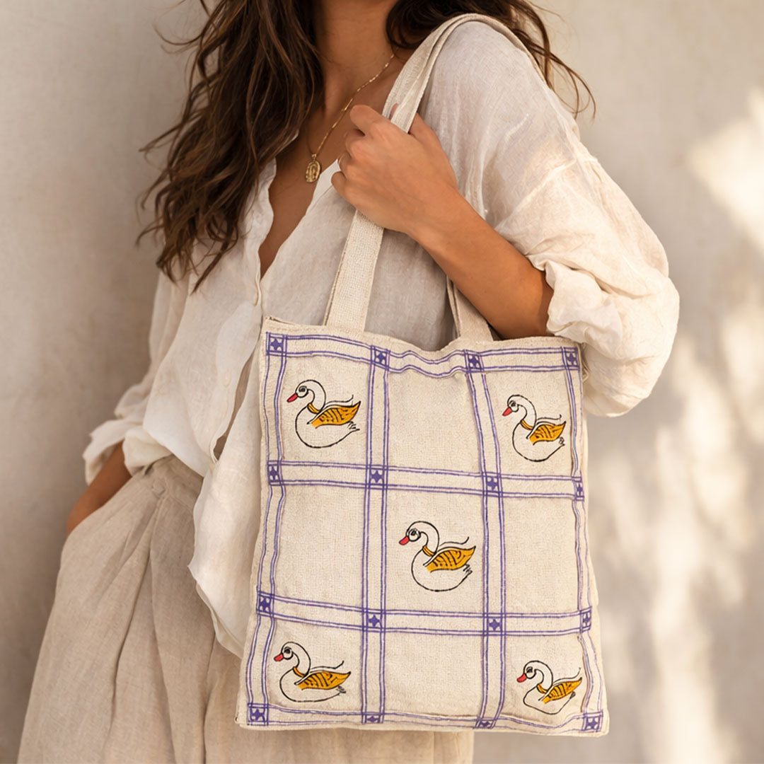 Swan Motif Grid Embroidered Handmade Canvas Tote Bag