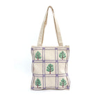 Tree Motif Grid Embroidered Handmade Canvas Tote Bag