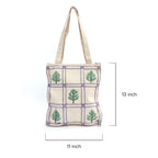Tree Motif Grid Embroidered Handmade Canvas Tote Bag