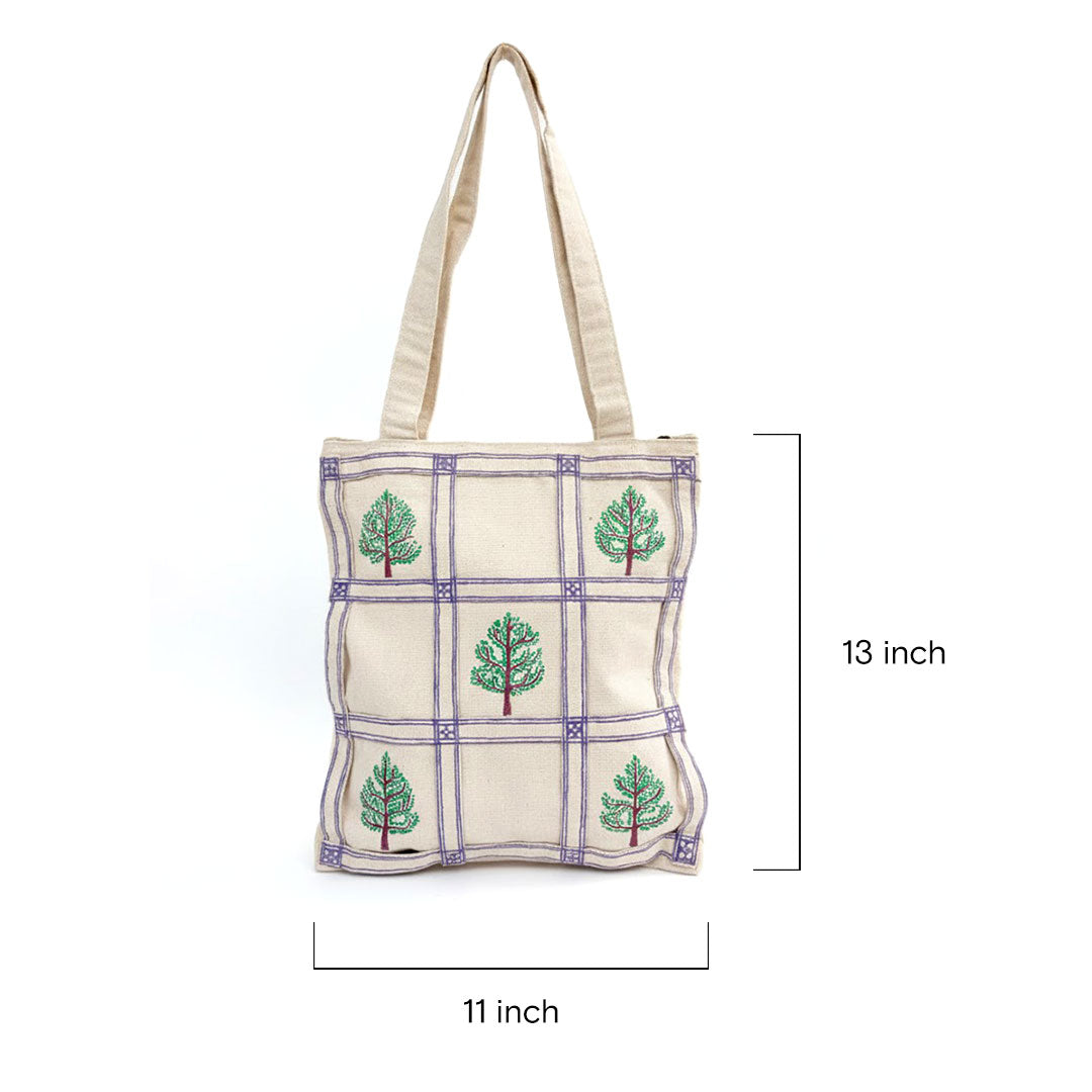 Tree Motif Grid Embroidered Handmade Canvas Tote Bag