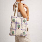 Tree Motif Grid Embroidered Handmade Canvas Tote Bag