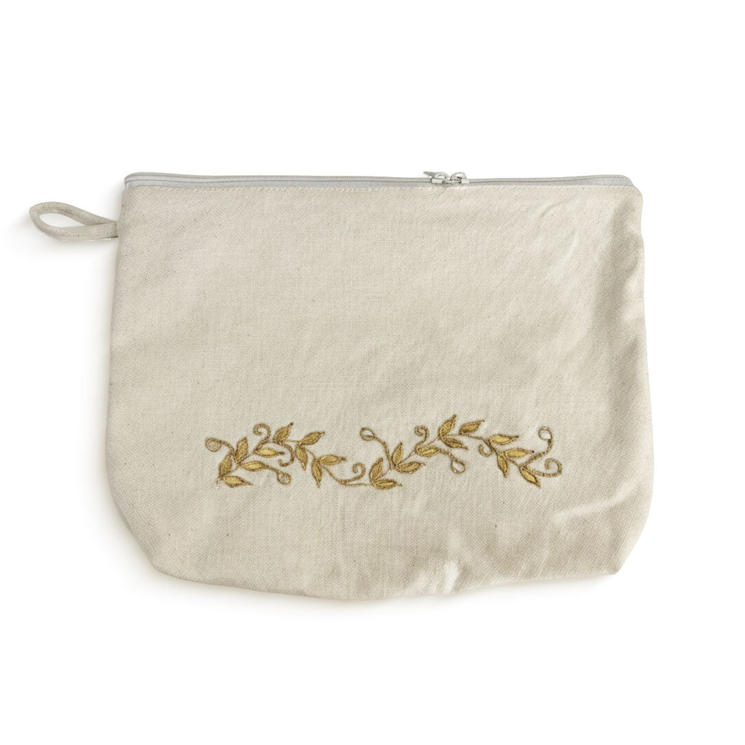 Gota Patti-Embroidered Cream Travel Pouch with Gold Vine Detail