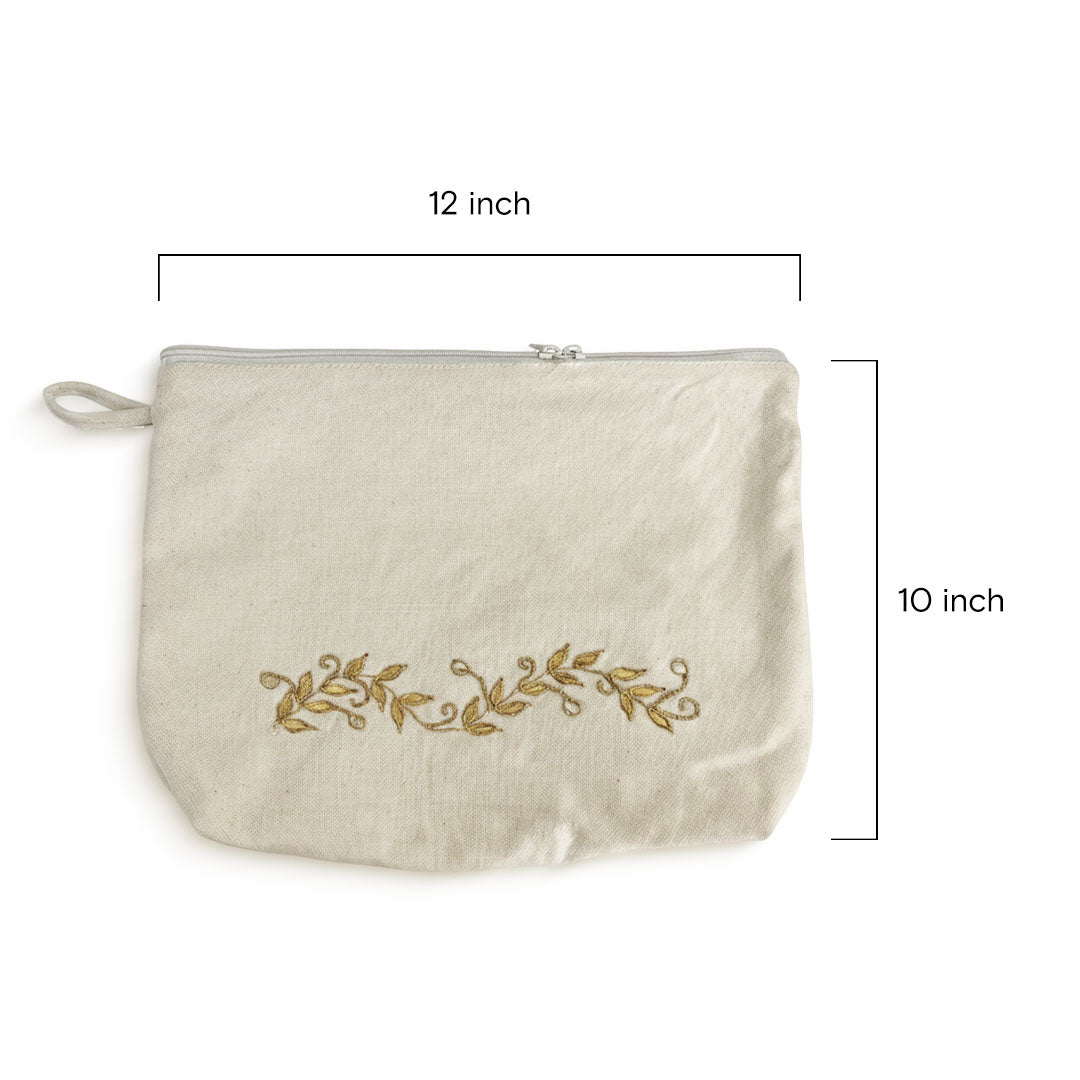 Gota Patti-Embroidered Cream Travel Pouch with Gold Vine Detail