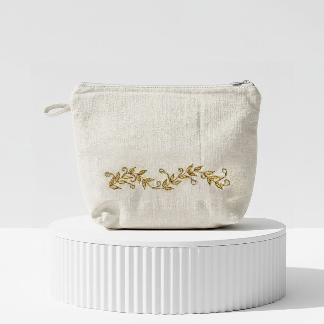 Gota Patti-Embroidered Cream Travel Pouch with Gold Vine Detail