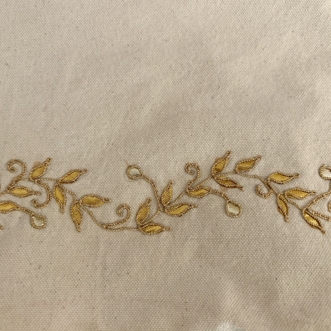 Gota Patti-Embroidered Cream Travel Pouch with Gold Vine Detail