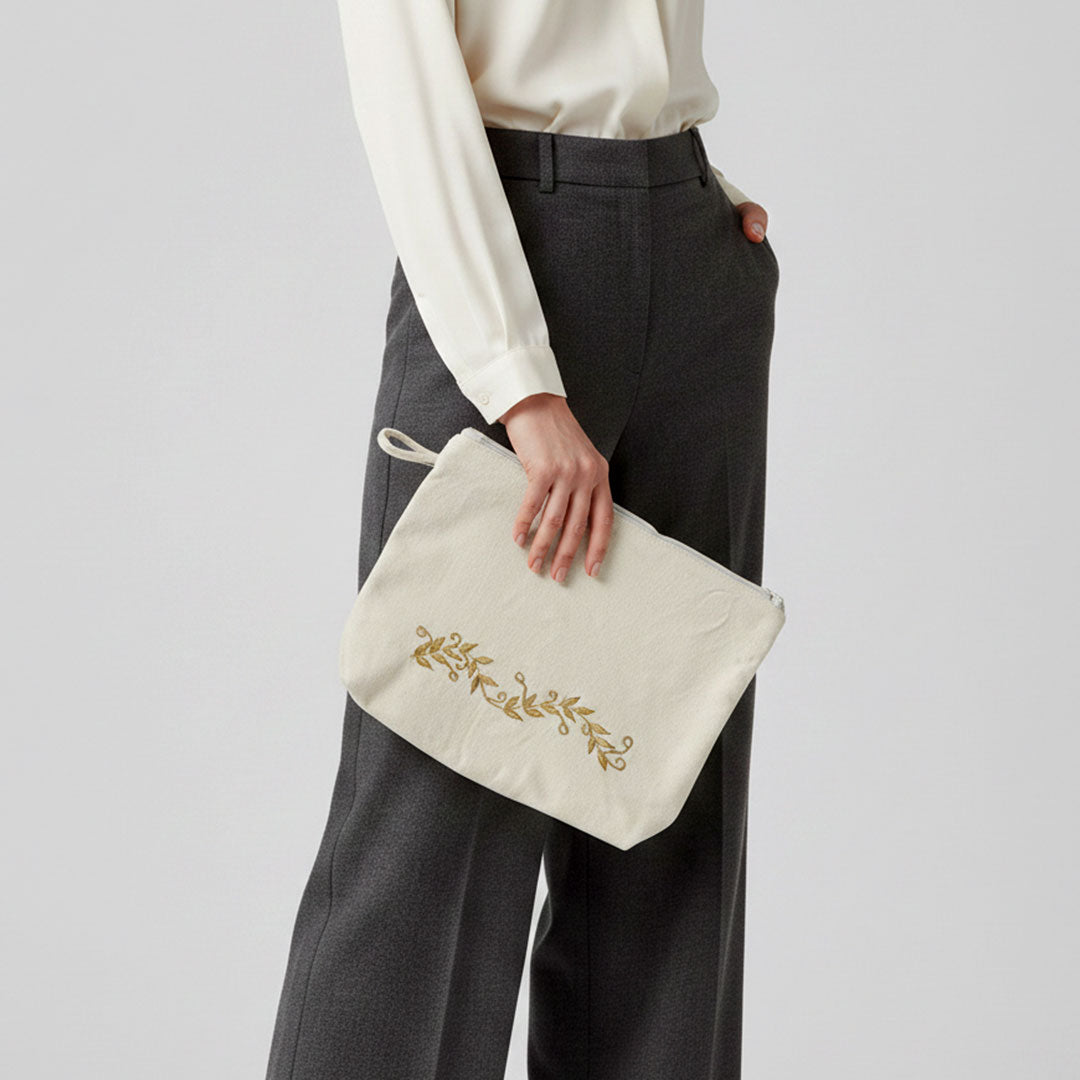 Gota Patti-Embroidered Cream Travel Pouch with Gold Vine Detail