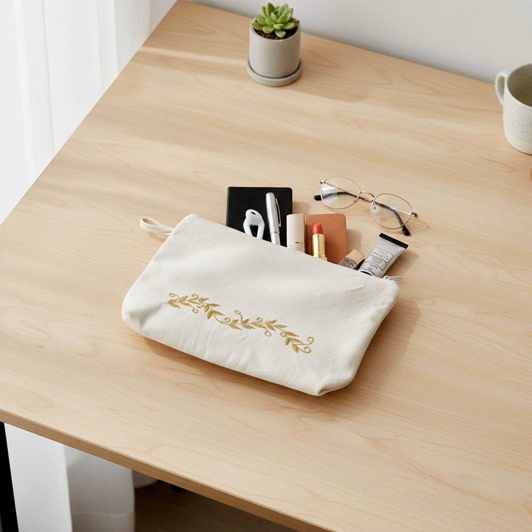 Gota Patti-Embroidered Cream Travel Pouch with Gold Vine Detail
