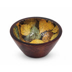 Top-down overhead view of enamel printed mango wood bowl highlighting glossy leaf artwork interior