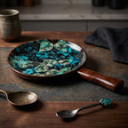 A sleek, round mango wood serving tray featuring a vibrant blue and black leaf-patterned enamel surface, shown from a slightly elevated angle on a rustic wooden table.