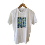 Front view of white Finch hand-painted t-shirt with abstract blue and green graphic