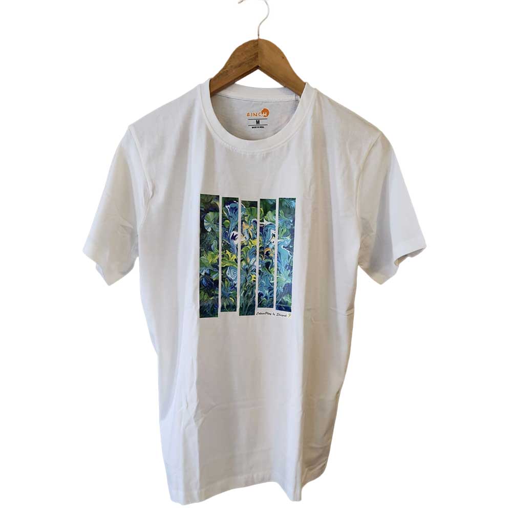 Front view of white Finch hand-painted t-shirt with abstract blue and green graphic