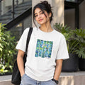 Close up detail of hand-painted artwork on Finch cotton t-shirt