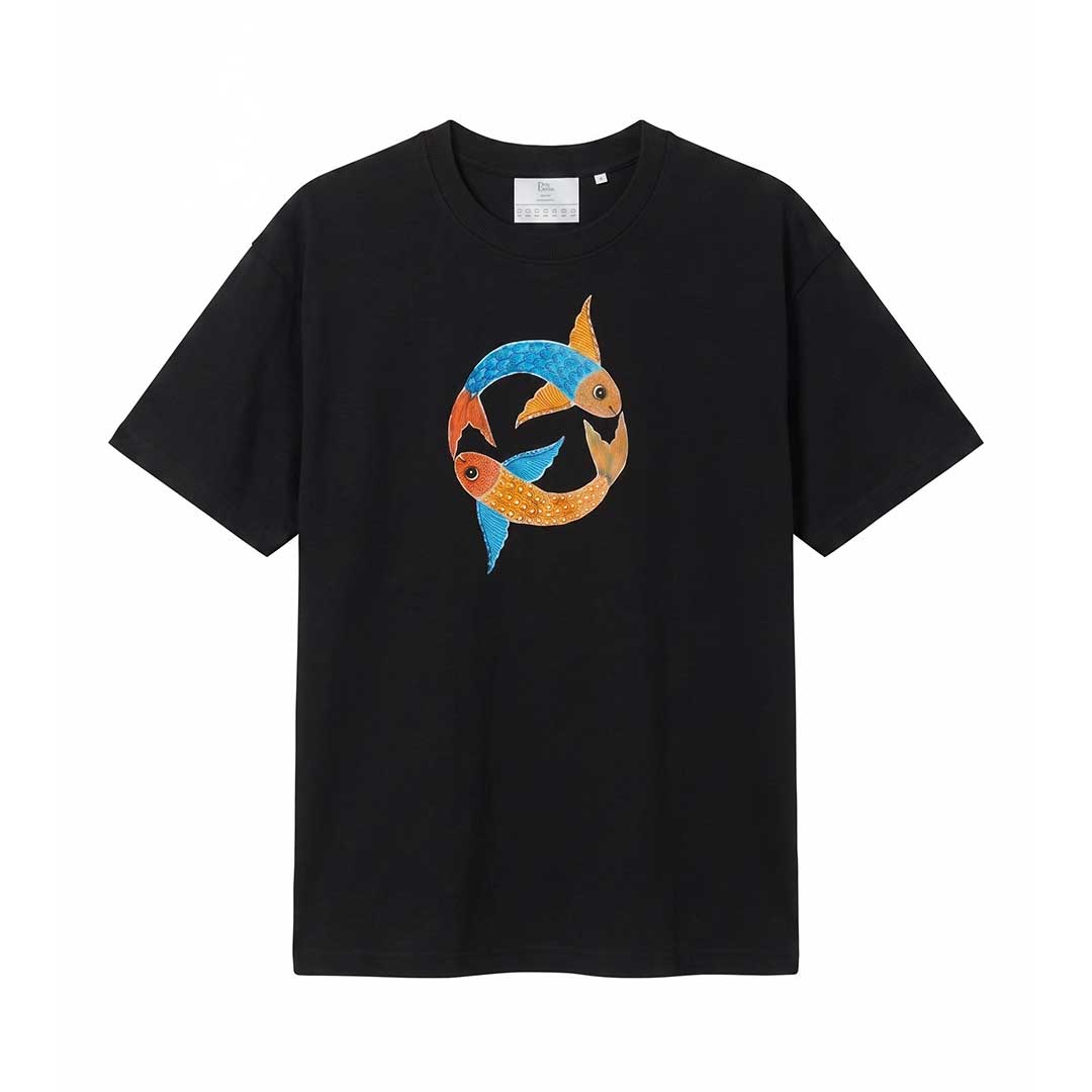 Hand Painted Fish Motif Black Cotton T-Shirt