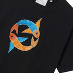Hand Painted Fish Motif Black Cotton T-Shirt