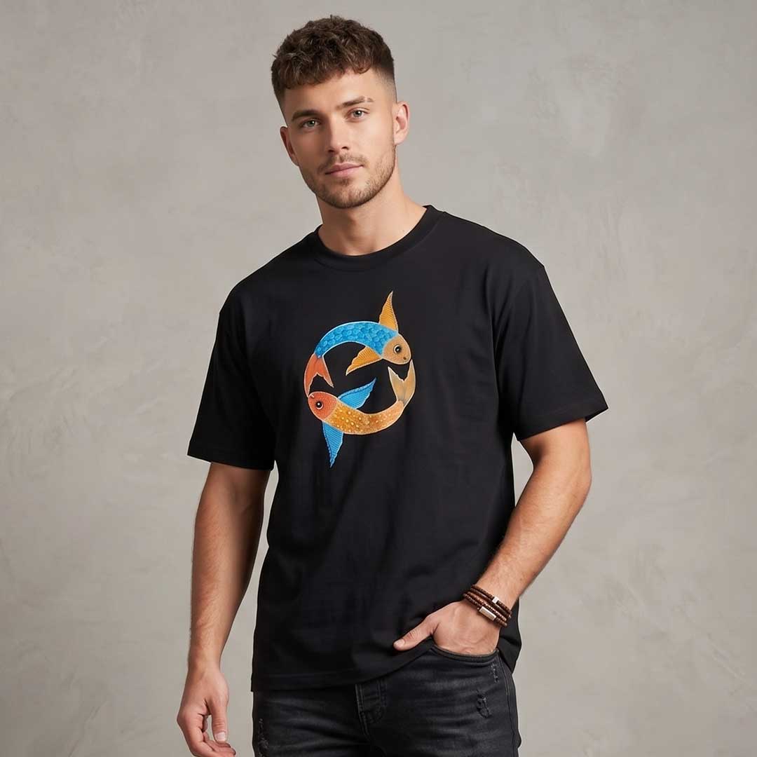 Hand Painted Fish Motif Black Cotton T-Shirt