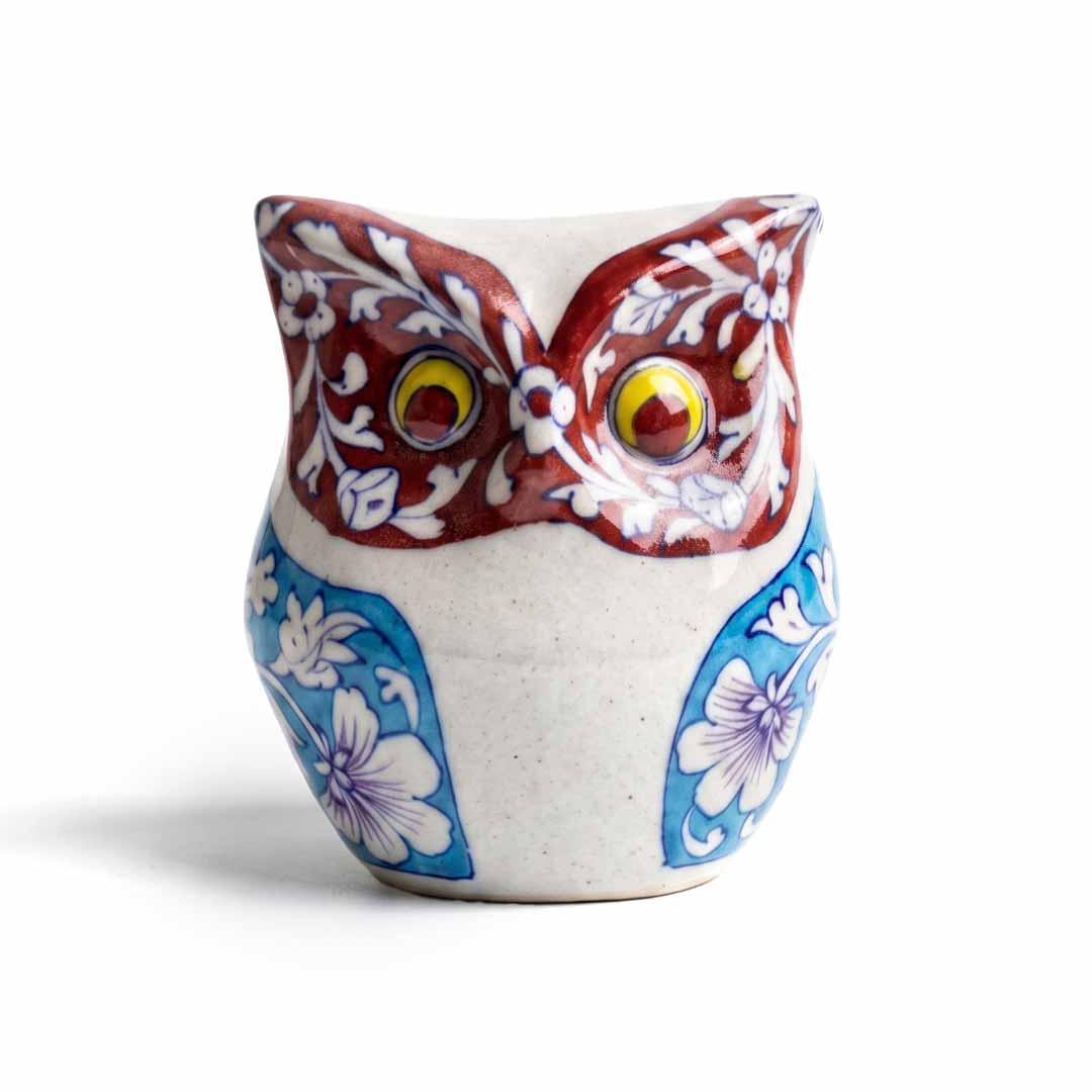 Blue Pottery Hand-Painted Owl Figurine