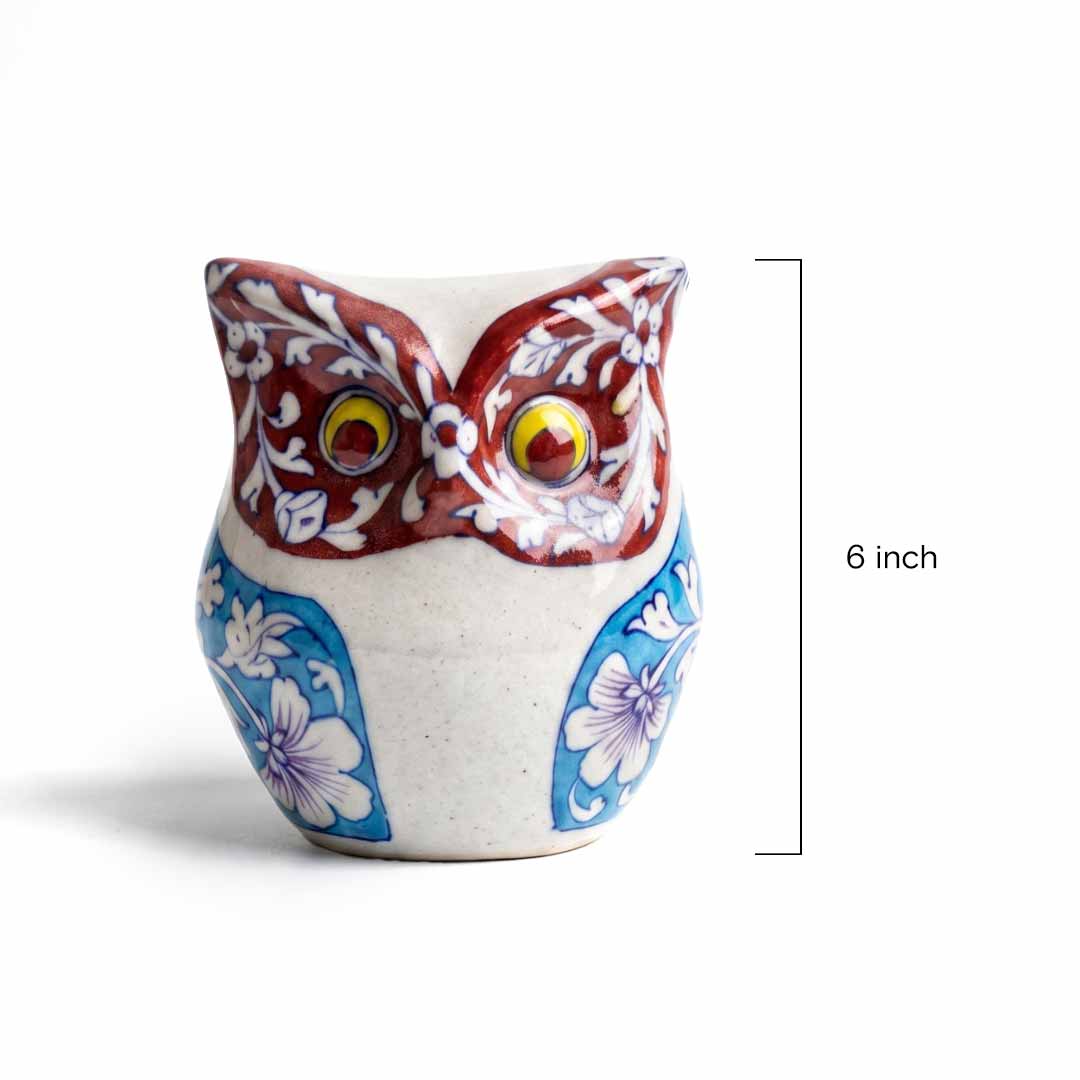 Blue Pottery Hand-Painted Owl Figurine