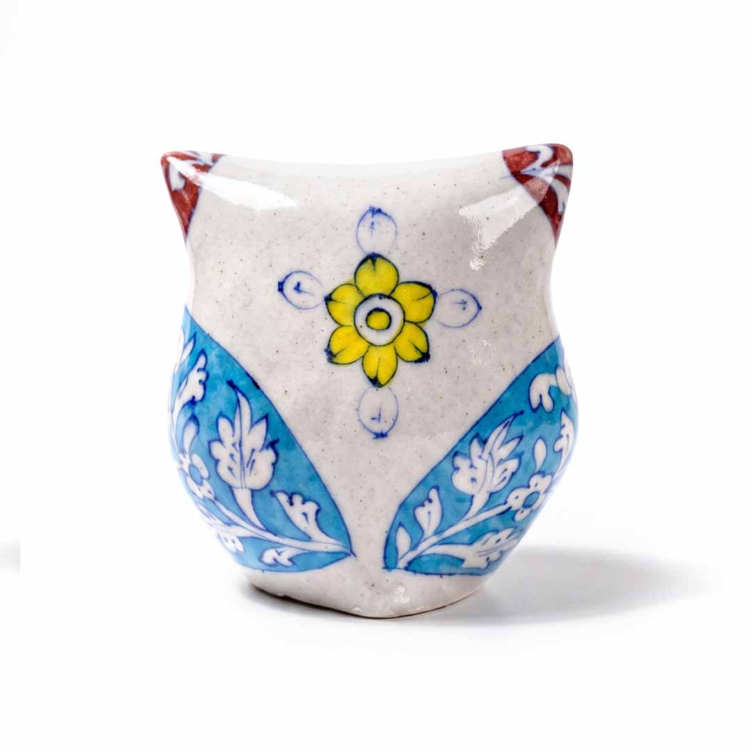 Blue Pottery Hand-Painted Owl Figurine