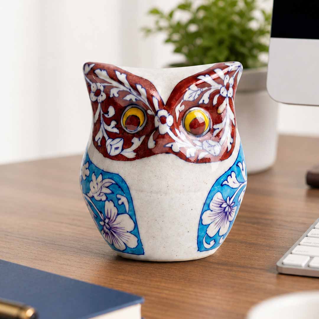 Blue Pottery Hand-Painted Owl Figurine