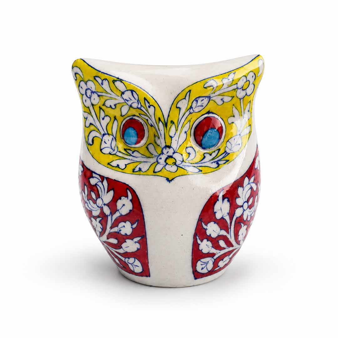 Vibrant Floral Blue Pottery Owl Statuette
