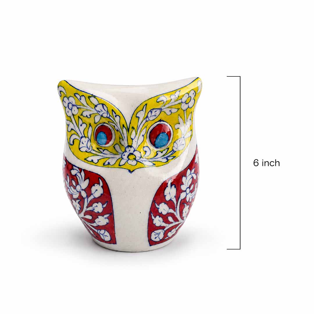 Vibrant Floral Blue Pottery Owl Statuette