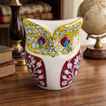 Vibrant Floral Blue Pottery Owl Statuette