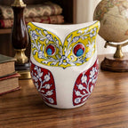 Vibrant Floral Blue Pottery Owl Statuette