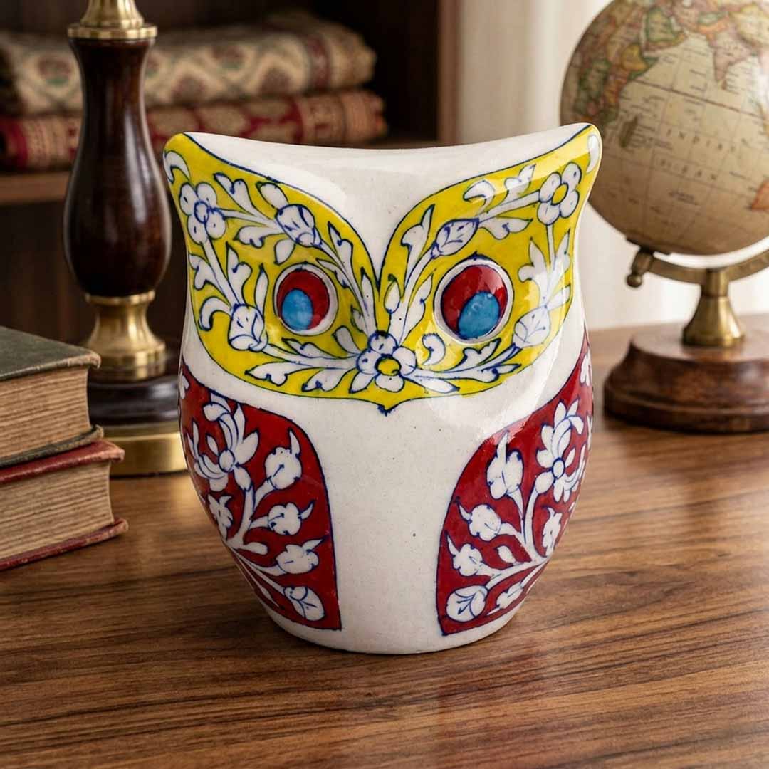 Vibrant Floral Blue Pottery Owl Statuette