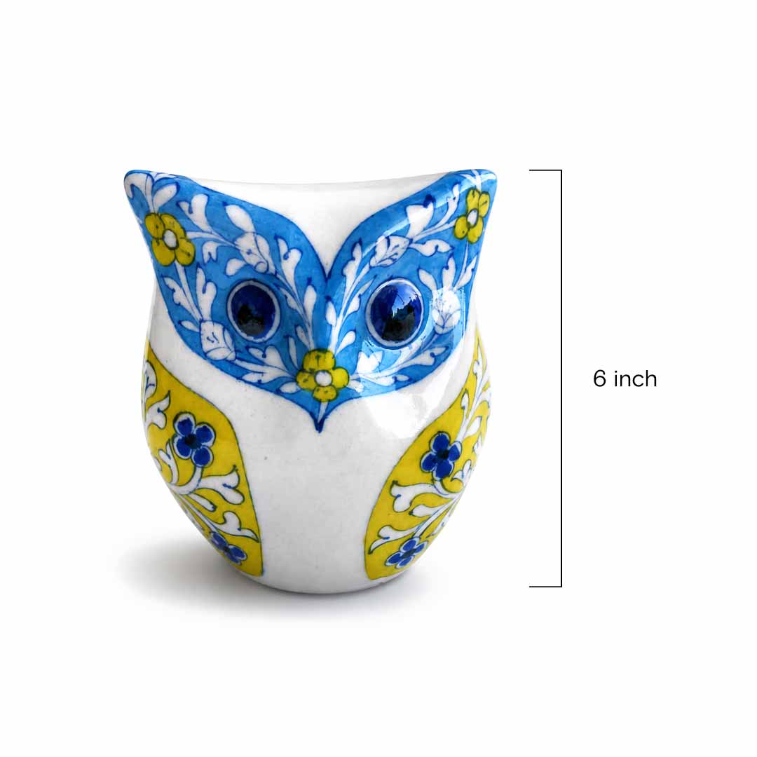 Handcrafted Blue and Yellow Owl Pottery Figurine