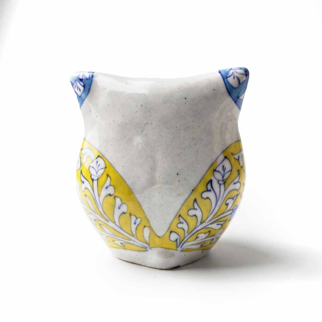 Handcrafted Blue and Yellow Owl Pottery Figurine