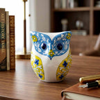 Handcrafted Blue and Yellow Owl Pottery Figurine