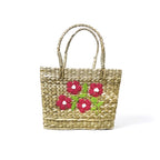 Red Floral Embroidered Kauna Grass Tote - Artisan Manipur