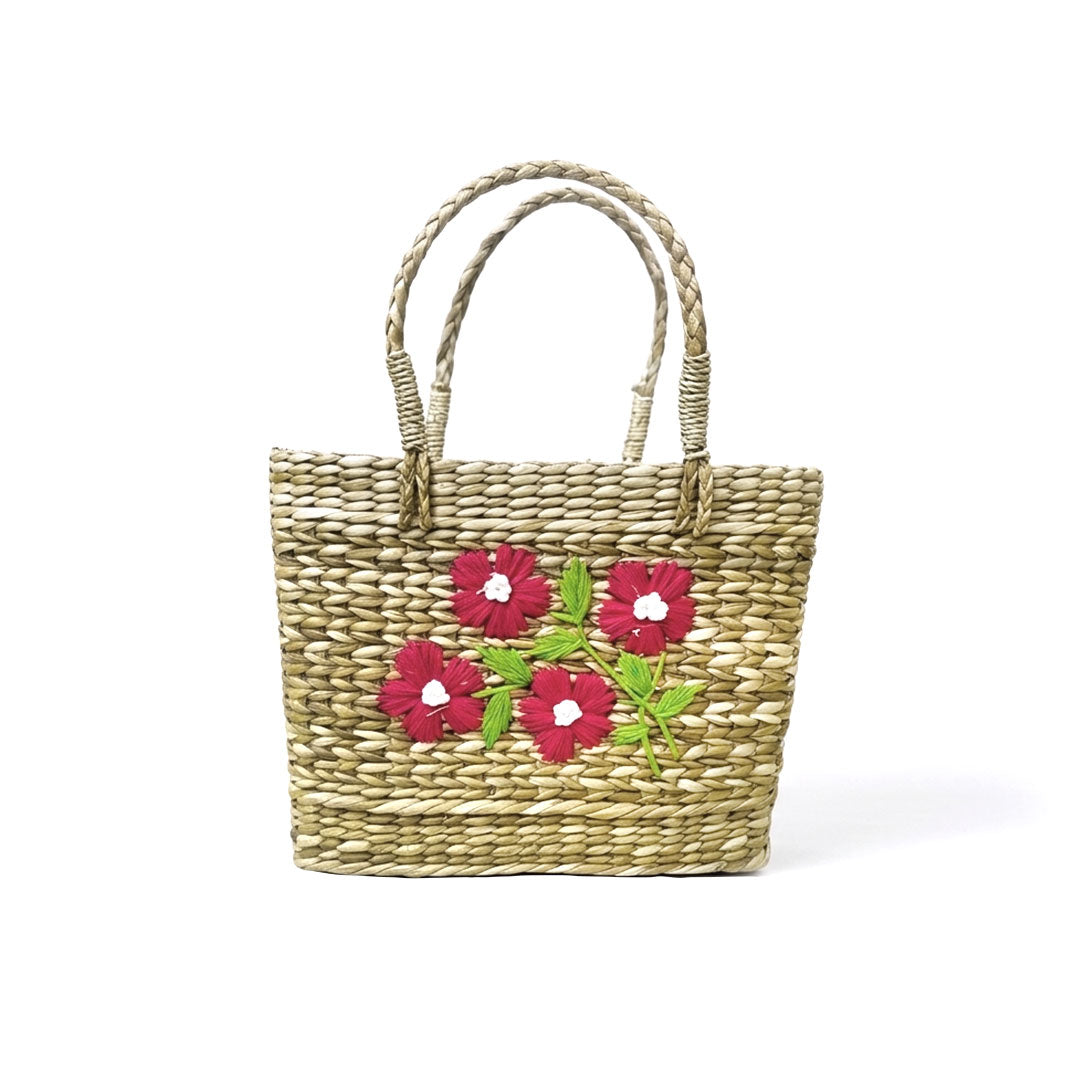 Red Floral Embroidered Kauna Grass Tote - Artisan Manipur