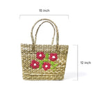 Red Floral Embroidered Kauna Grass Tote - Artisan Manipur