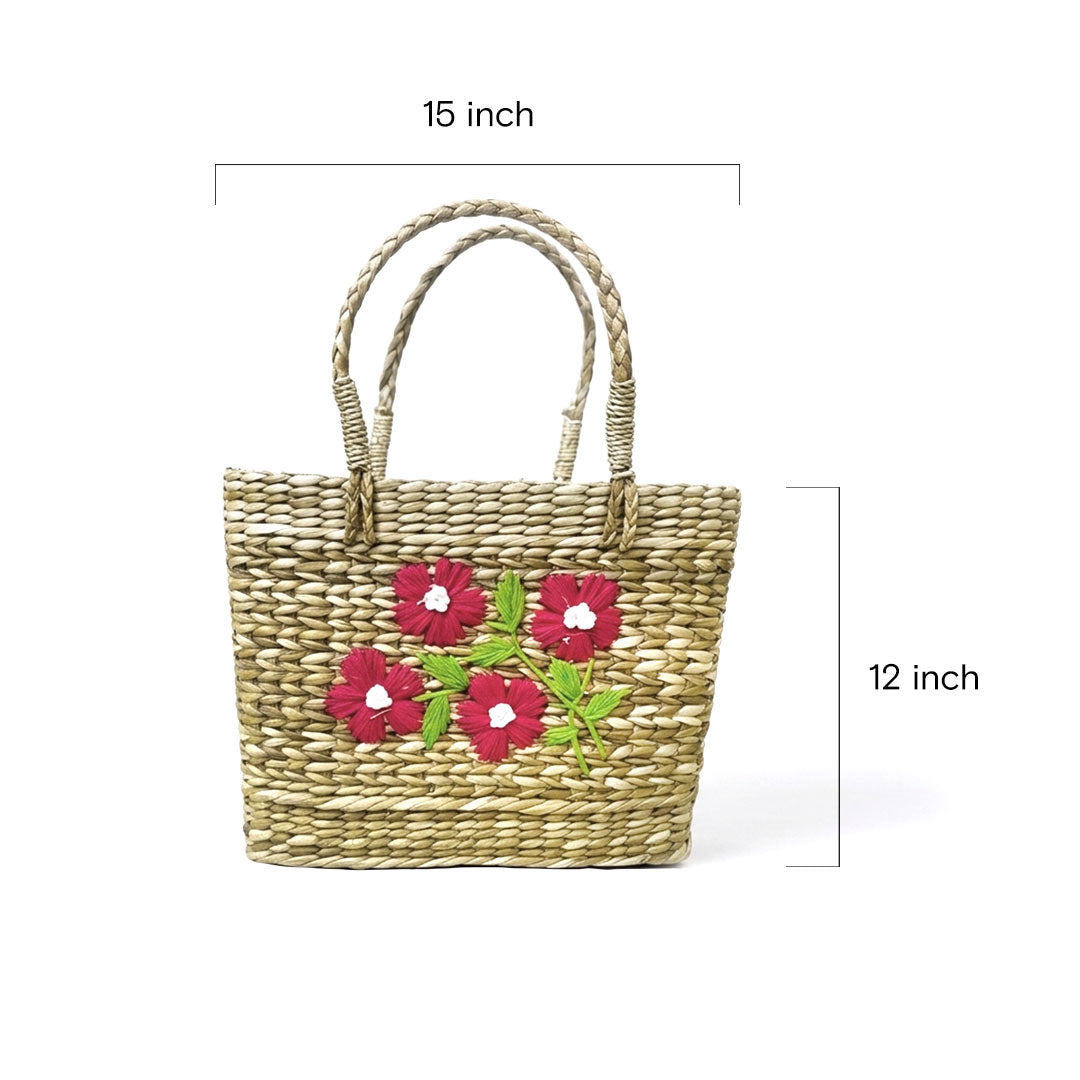 Red Floral Embroidered Kauna Grass Tote - Artisan Manipur