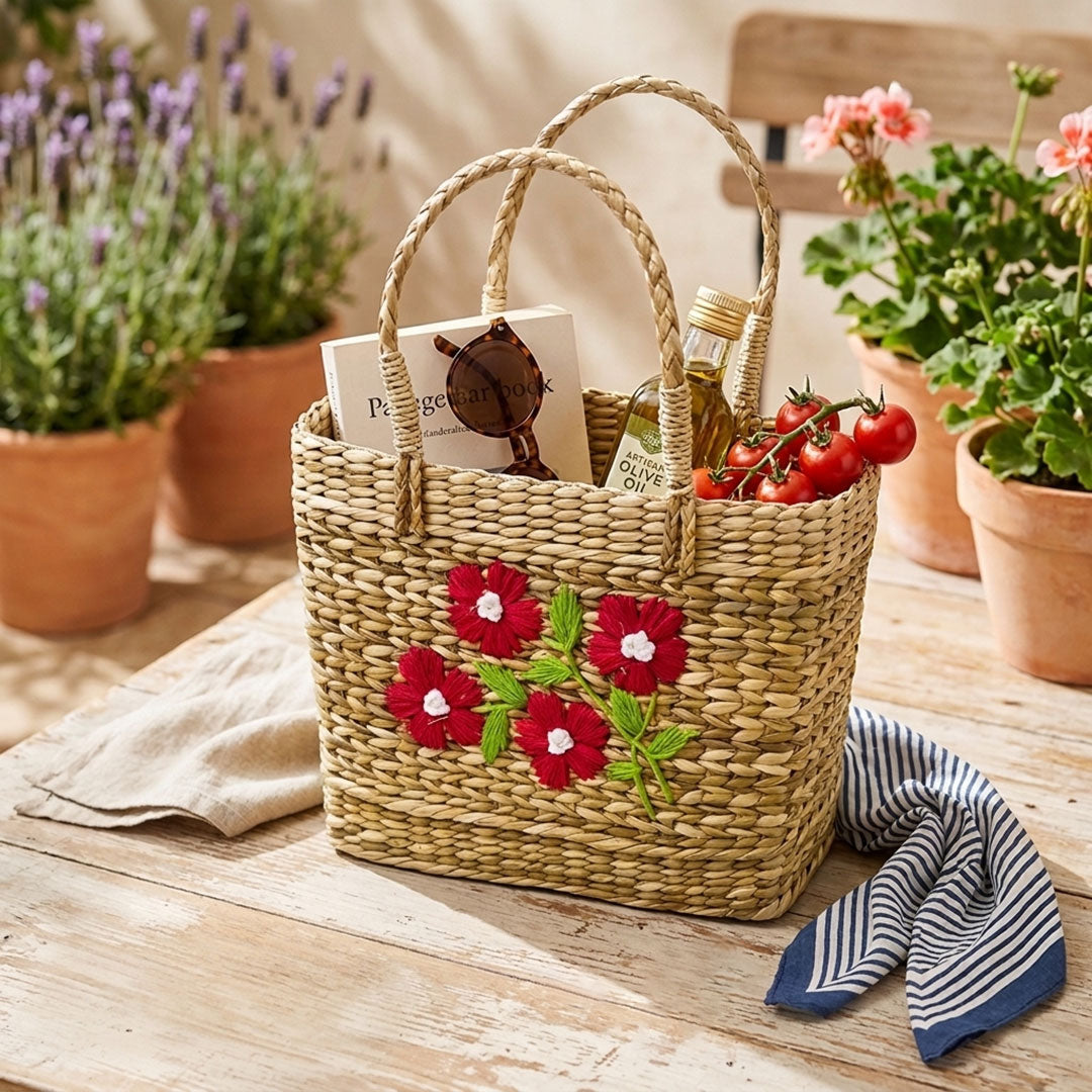 Red Floral Embroidered Kauna Grass Tote - Artisan Manipur