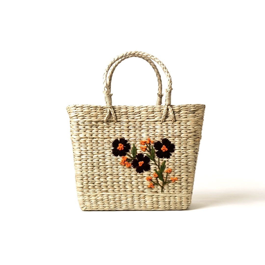 Dark Flower Embroidered Kauna Grass Tote - Manipur Artisanship