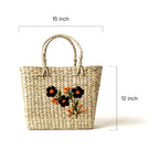 Dark Flower Embroidered Kauna Grass Tote - Manipur Artisanship