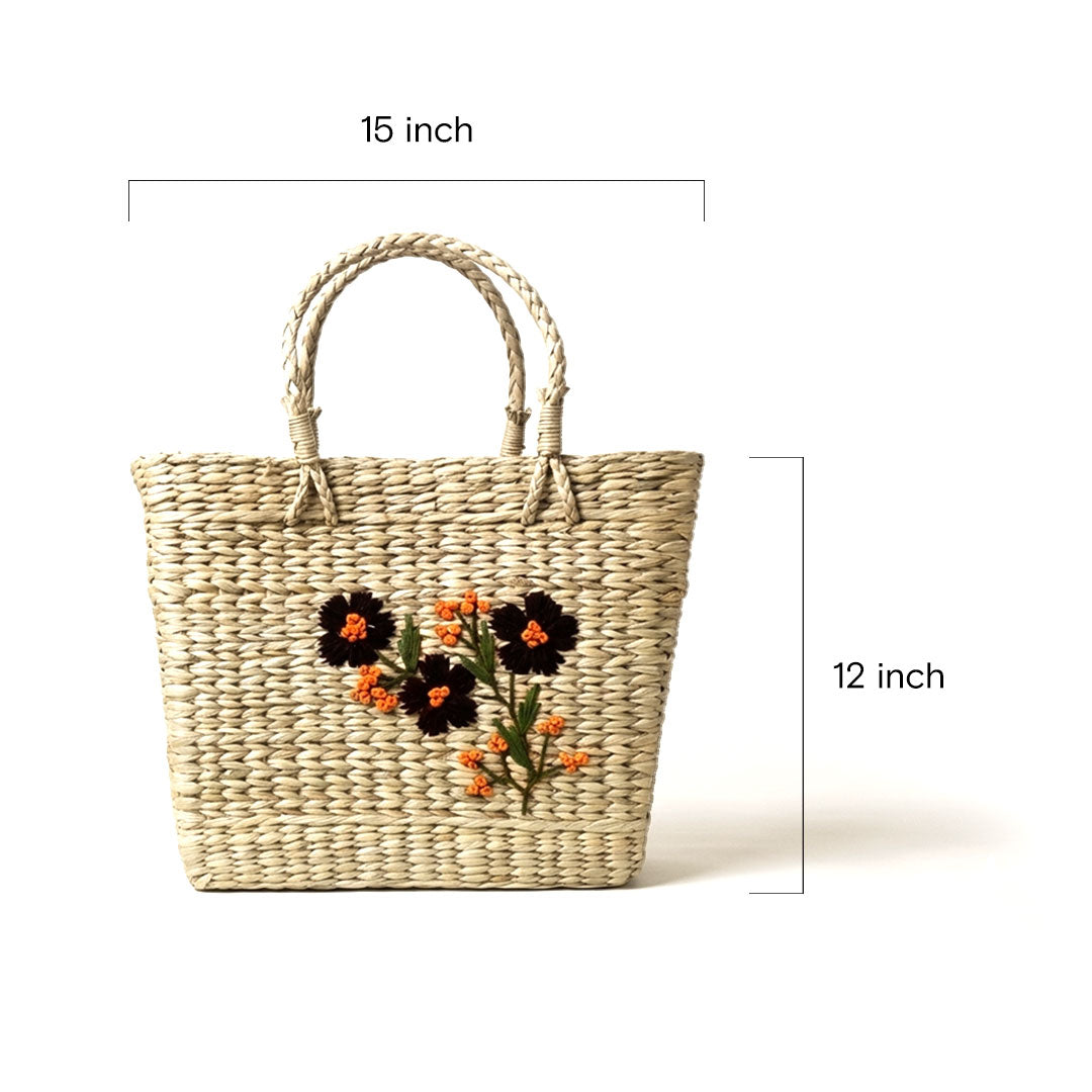 Dark Flower Embroidered Kauna Grass Tote - Manipur Artisanship