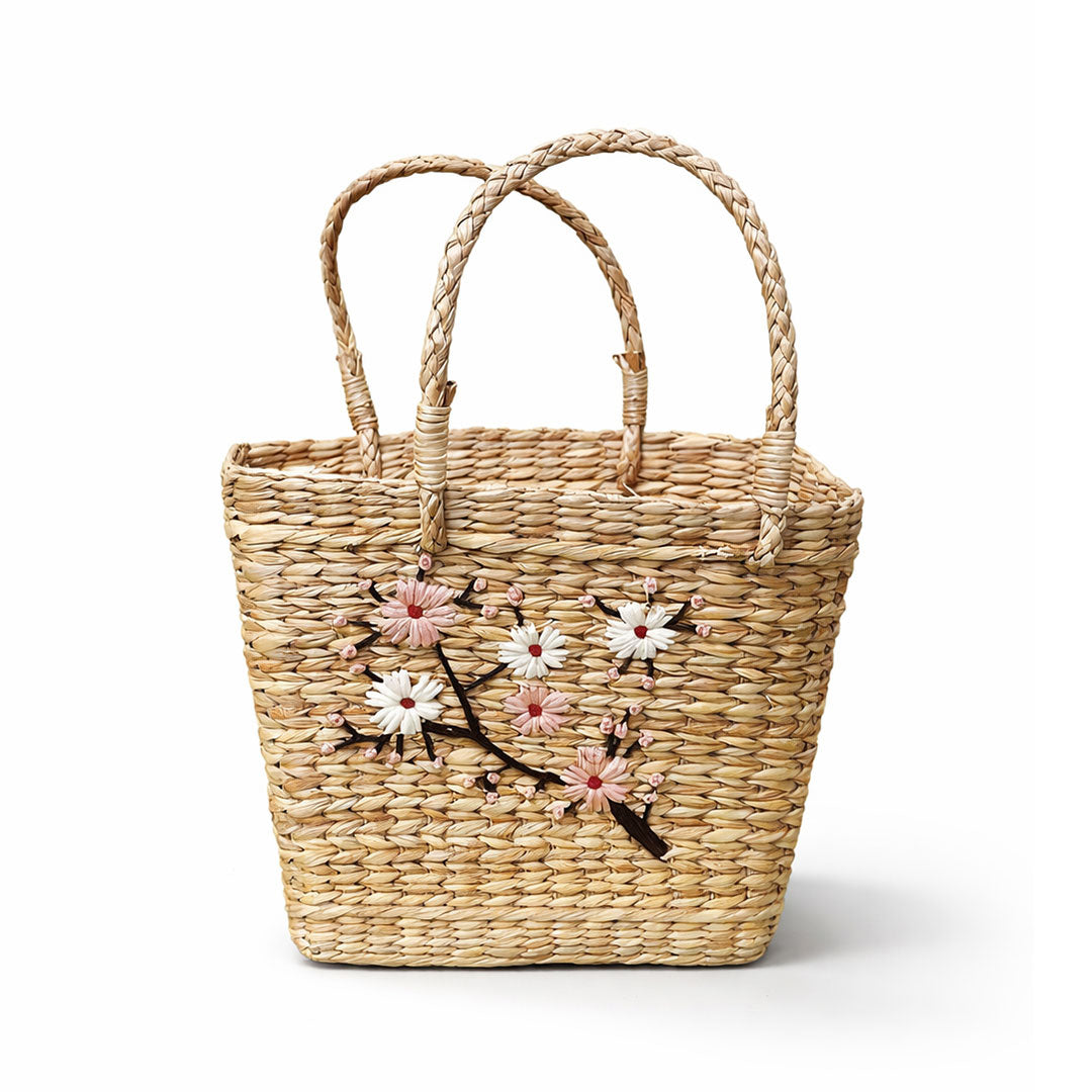 Spring Blossom Embroidered Kauna Grass Handbag - Manipur Crafted