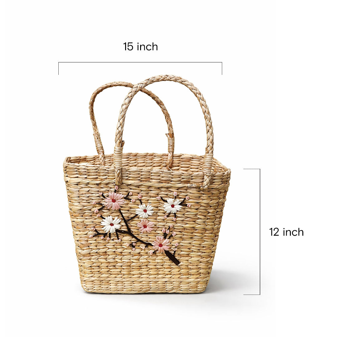 Spring Blossom Embroidered Kauna Grass Handbag - Manipur Crafted